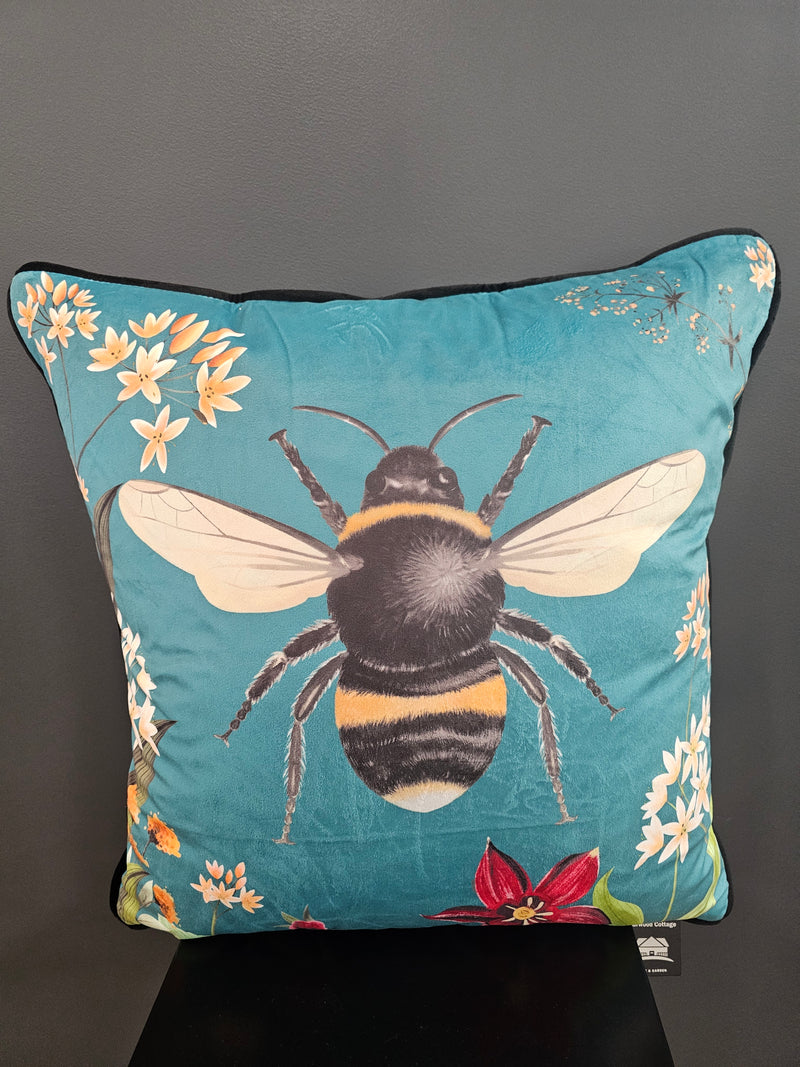 Teal Bee Velvet Cushion