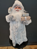 Santa with White & Grey Sequin Coat Holding Gifts