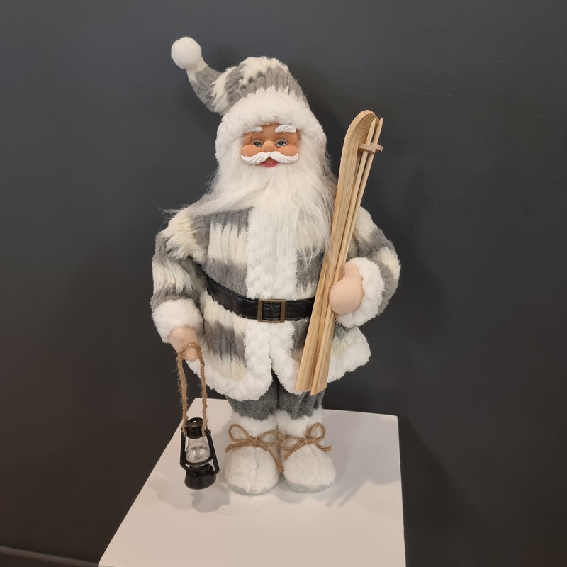 Santa with Grey/White stripe coat W/skis and lantern