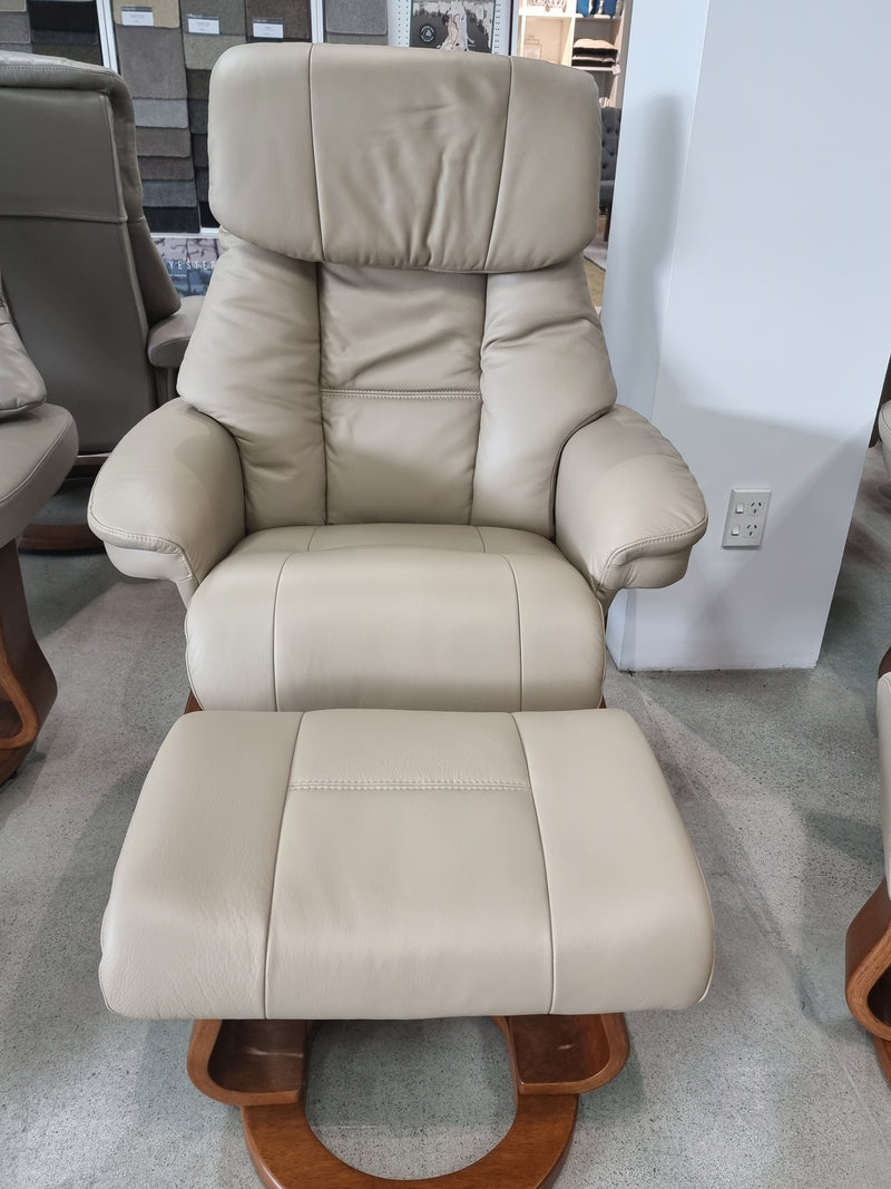 Angelo Leather Recliner with Swivel Base and Matching Footstool Latte