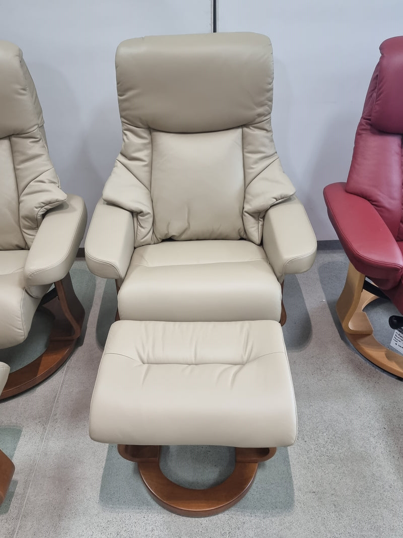 Angelo Leather Recliner with Swivel Base and Matching Footstool Latte